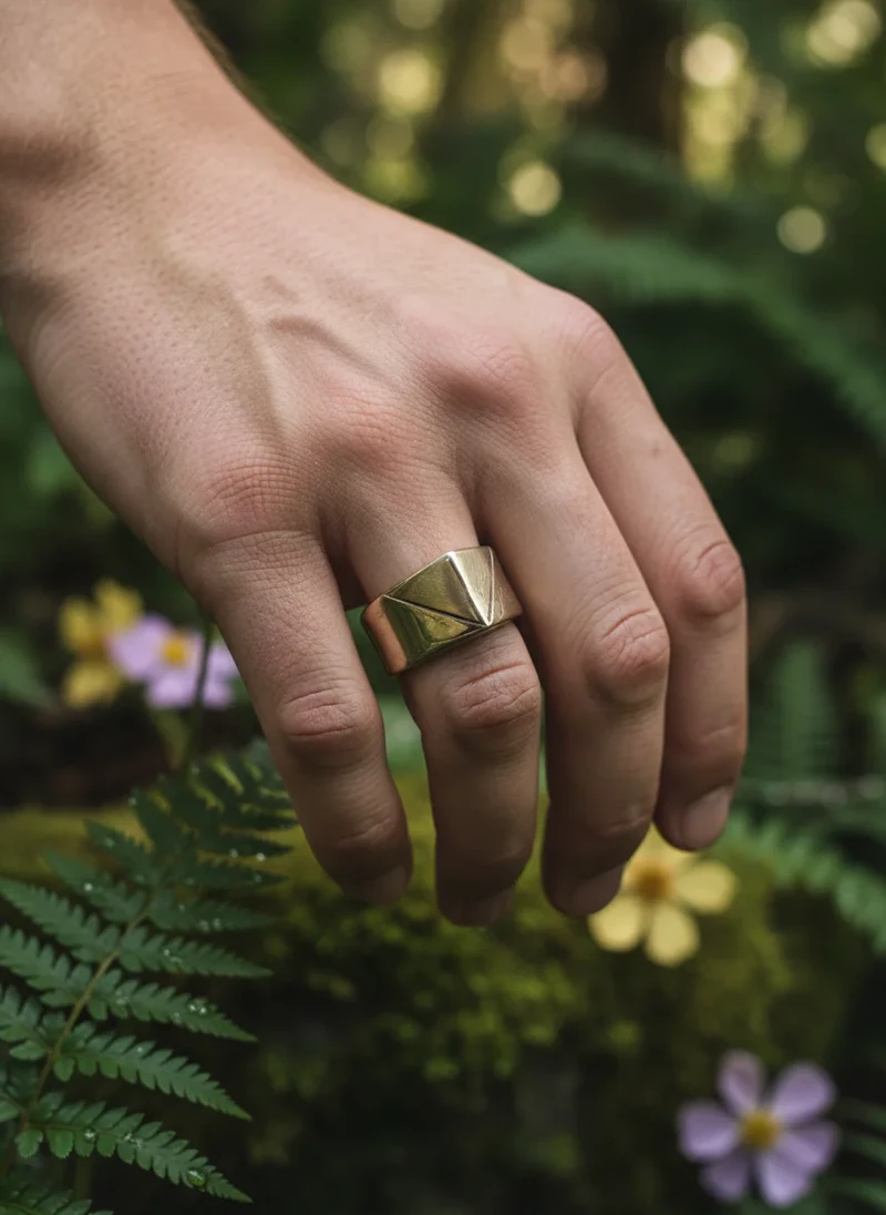 Brass geometric signet ring on hand.