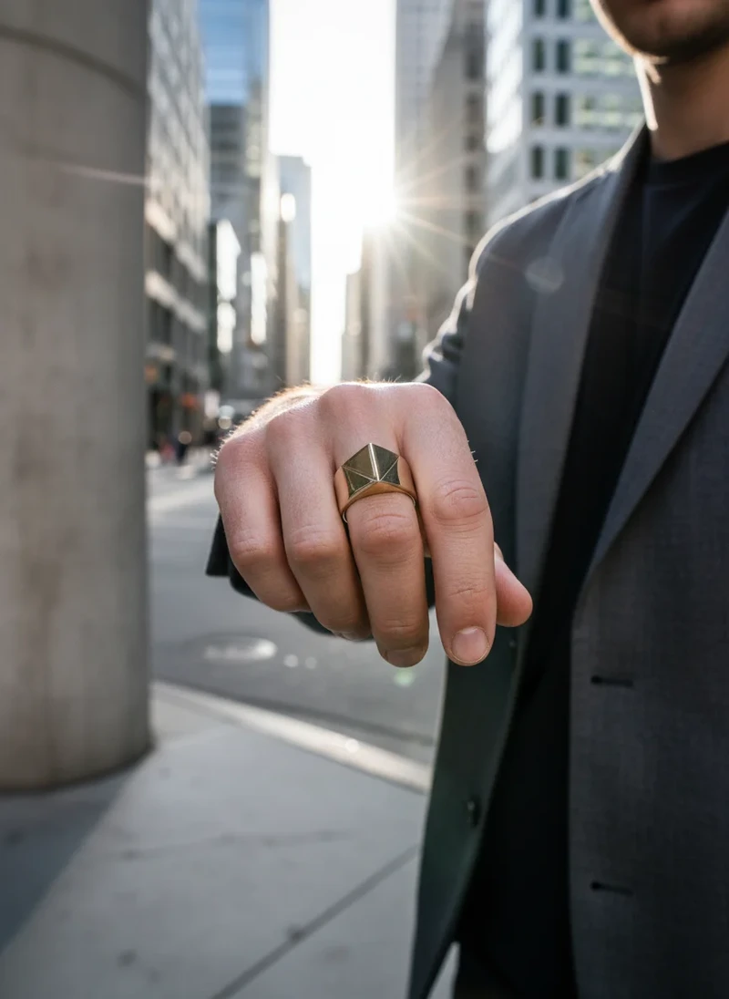 Gold geometric ring on man's hand.