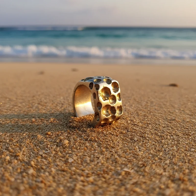 Textured silver ring on sandy beach.