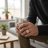 Man's hand wearing gold textured ring.