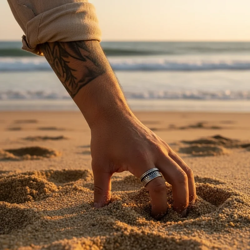 Hand in sand wearing silver ring.