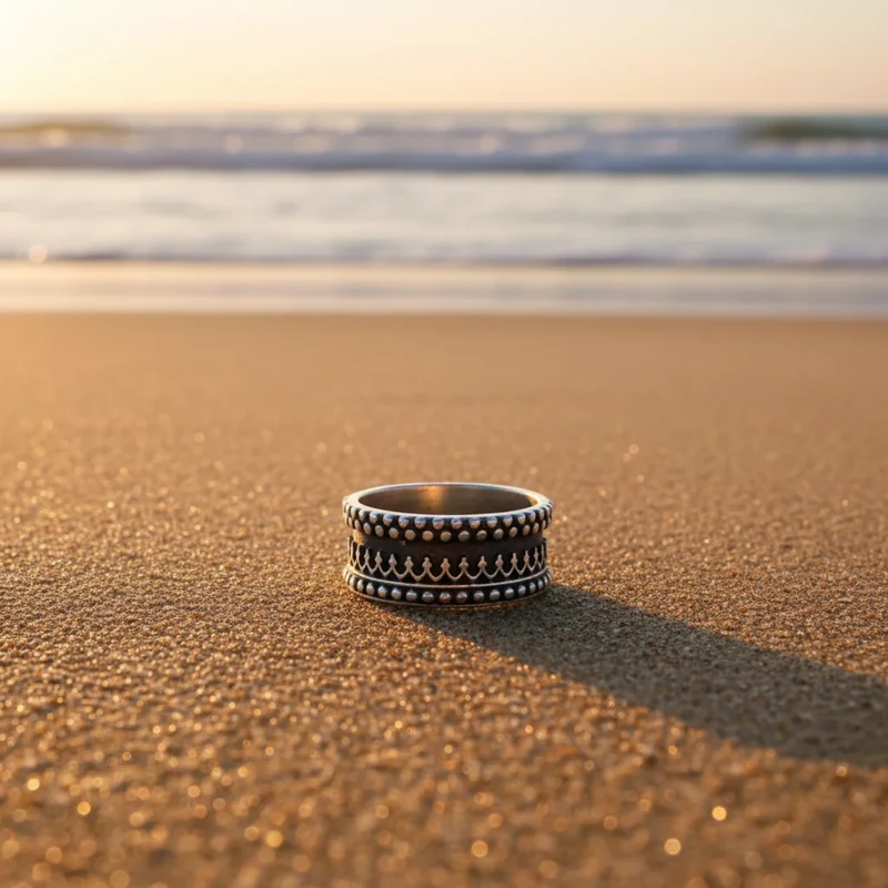 Ornate silver ring on sandy beach.