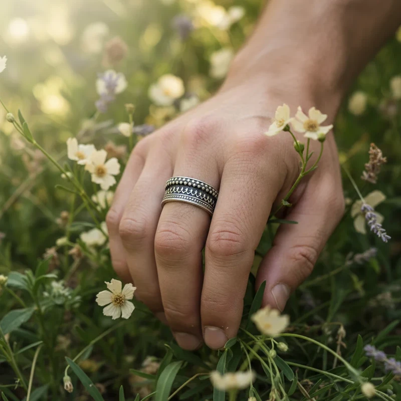Hand model wearing ornate silver ring.