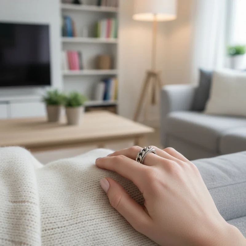 Woman's hand wearing silver chain ring.