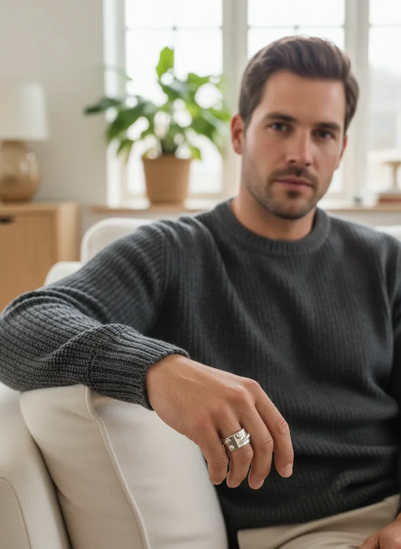 Man's hand wearing silver statement ring.