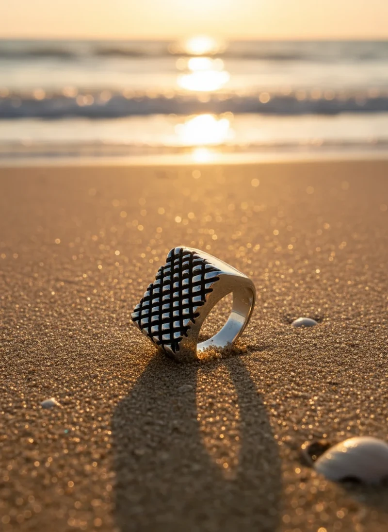 Silver patterned signet ring on sandy beach.