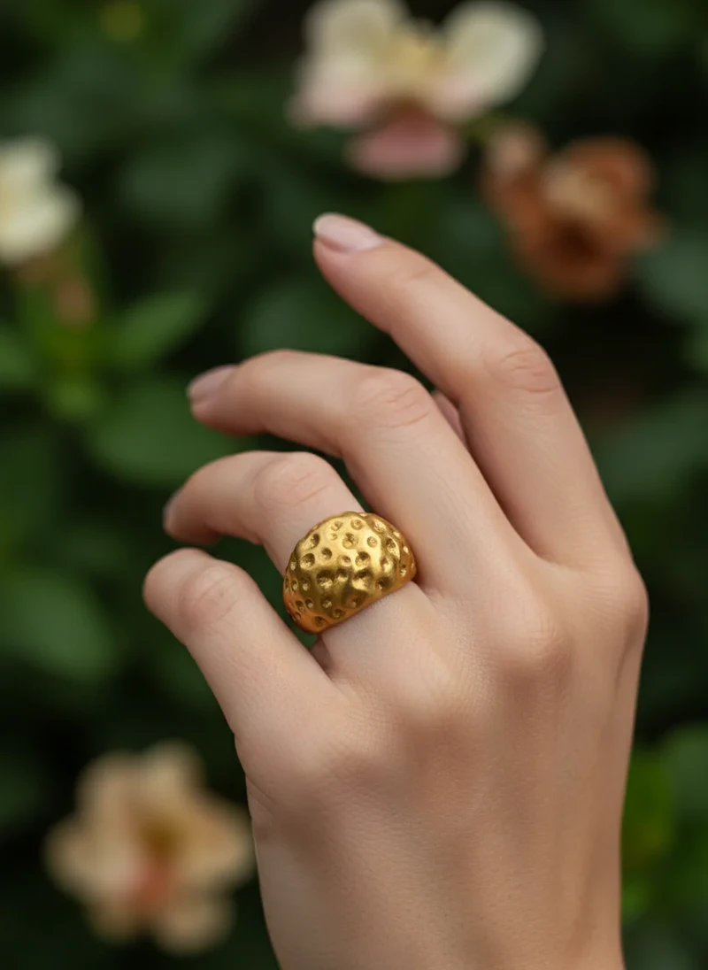 Gold textured dome ring on hand.