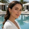 Woman wearing gold cutout hoop earrings.