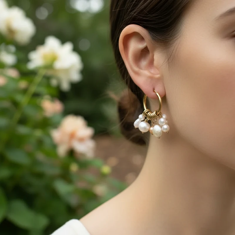 Gold hoop earrings with pearl charm clusters.