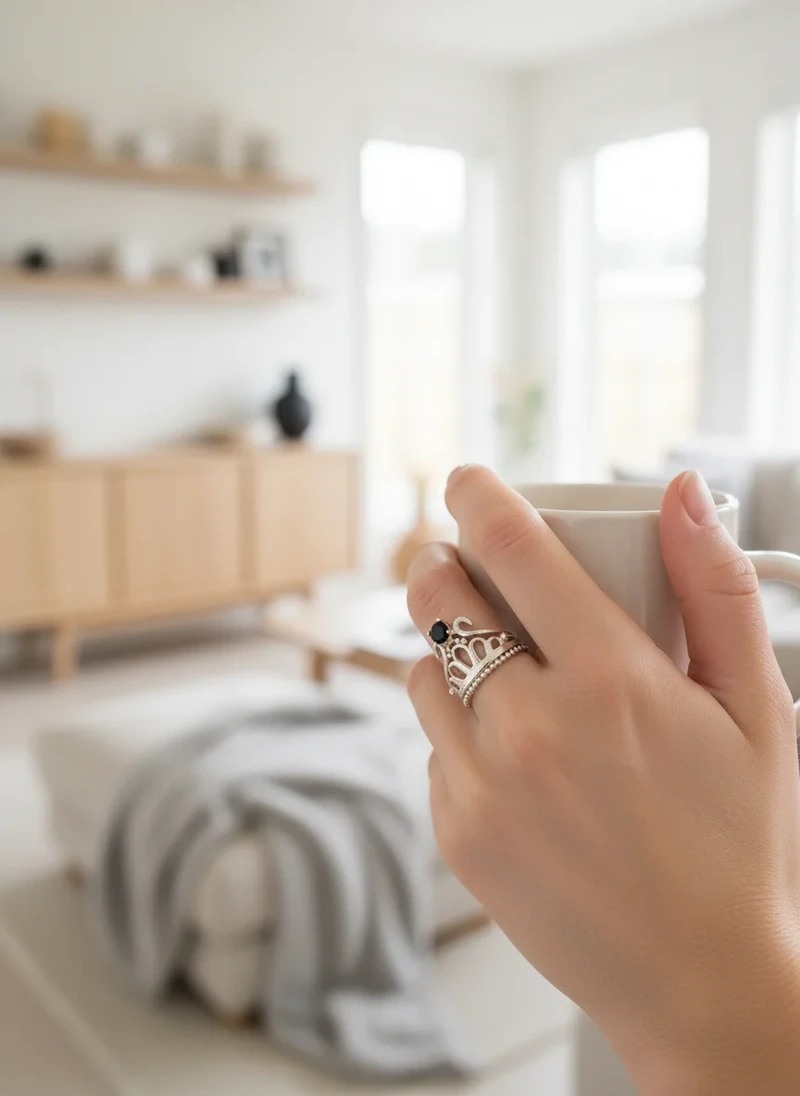 Hand holding mug, showcasing silver crown ring with black stone.