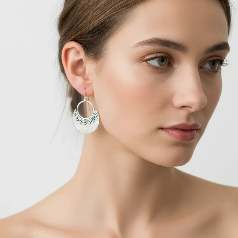 Silver half-moon earrings with ornate detail.