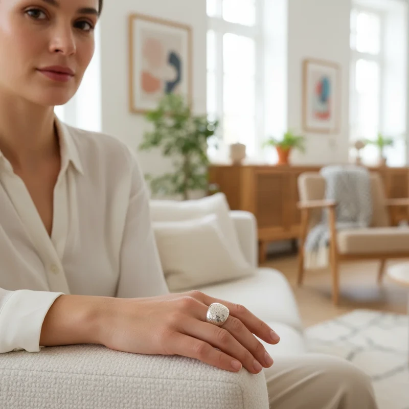 Woman's hand wearing a silver textured ring.
