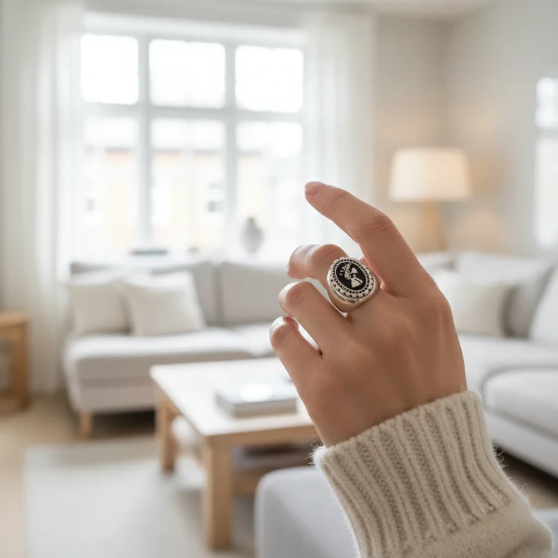 Silver ring with black oval cameo.
