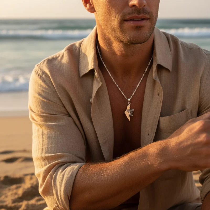 Men's Israel map necklace with Menorah pendant.