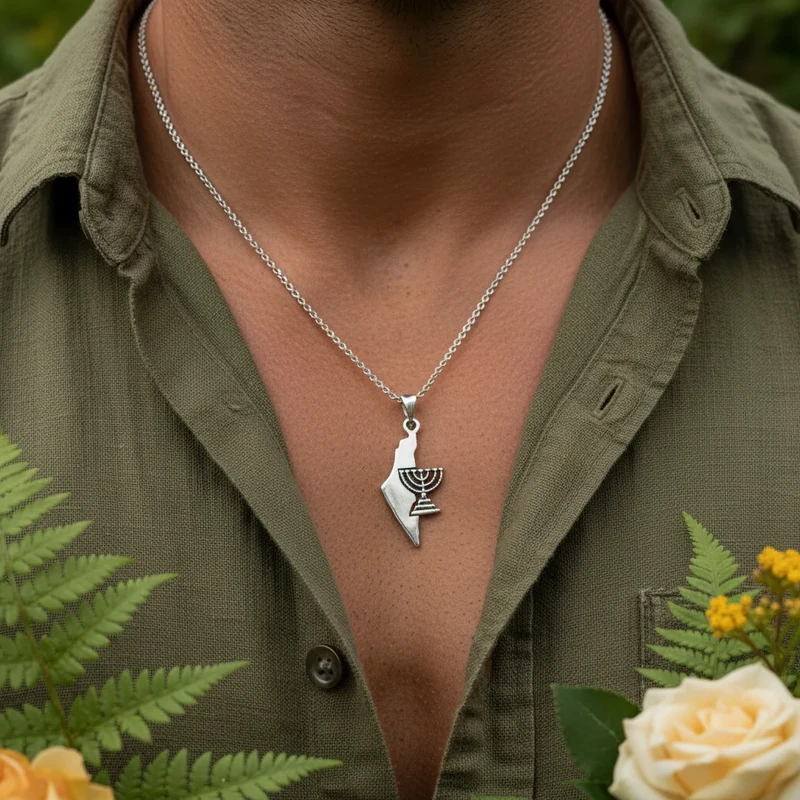 Silver necklace: Israel map pendant with menorah.