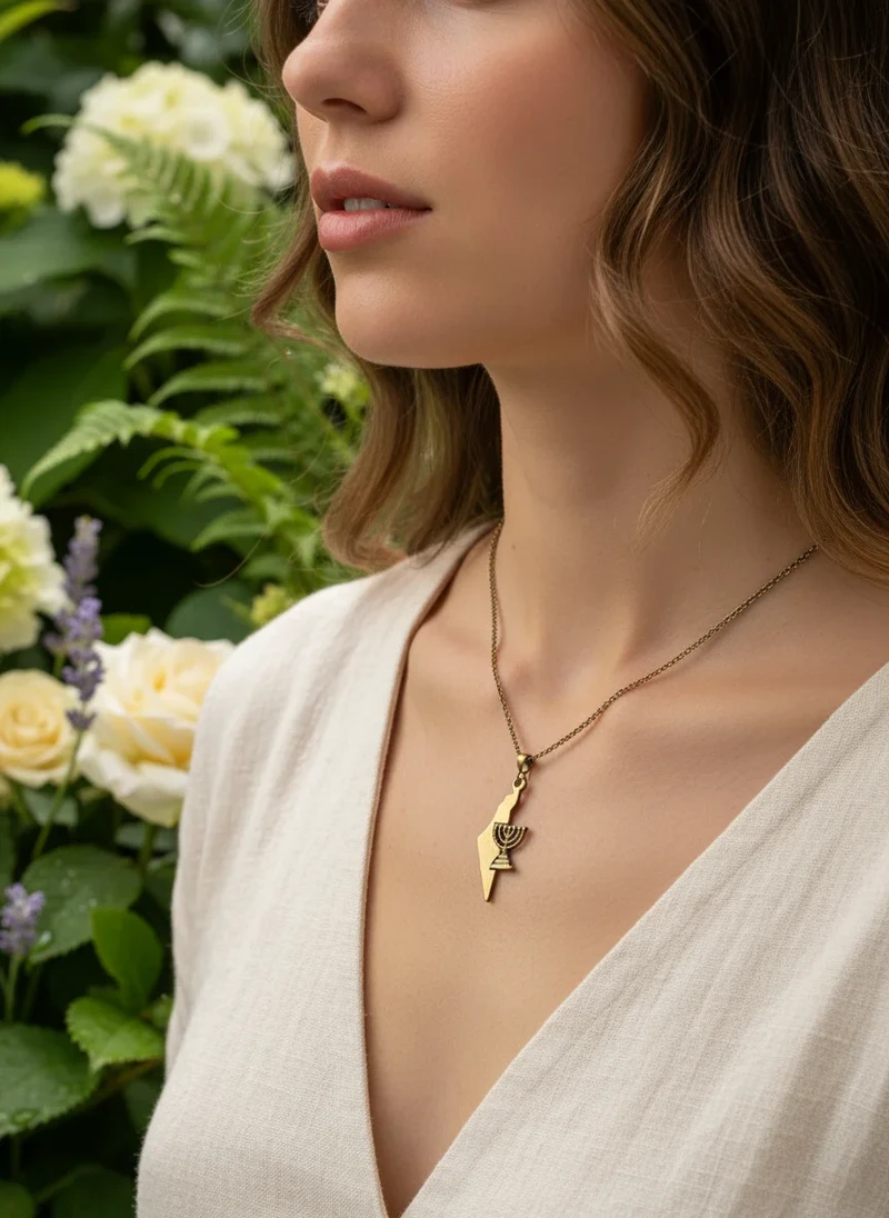 Gold necklace featuring Israel map & menorah pendant.