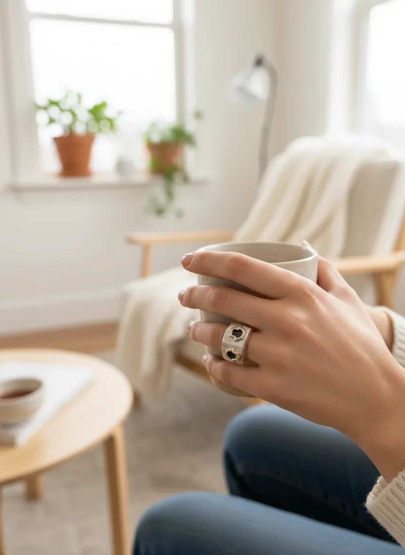 Woman's hand wearing a silver statement ring, holding a mug.
