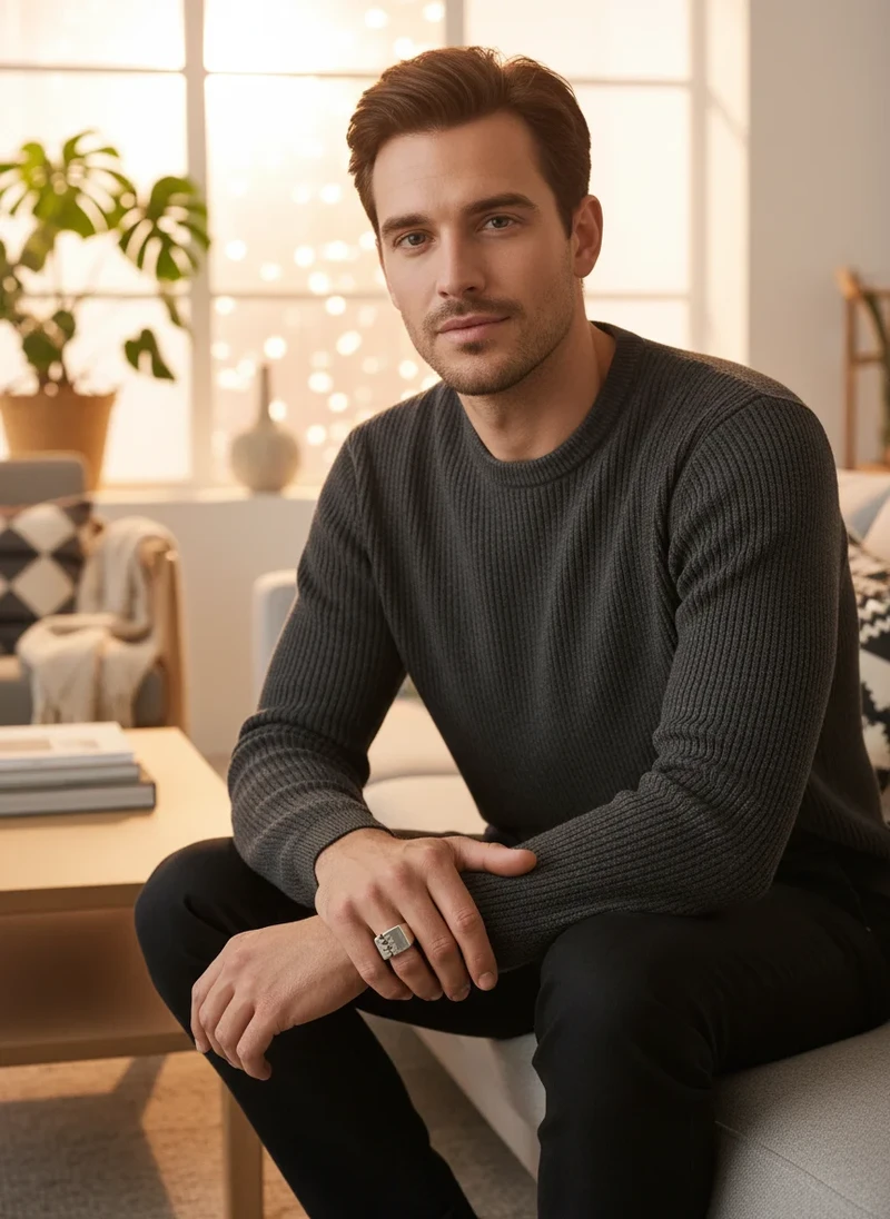Man wearing gray sweater and signet ring.