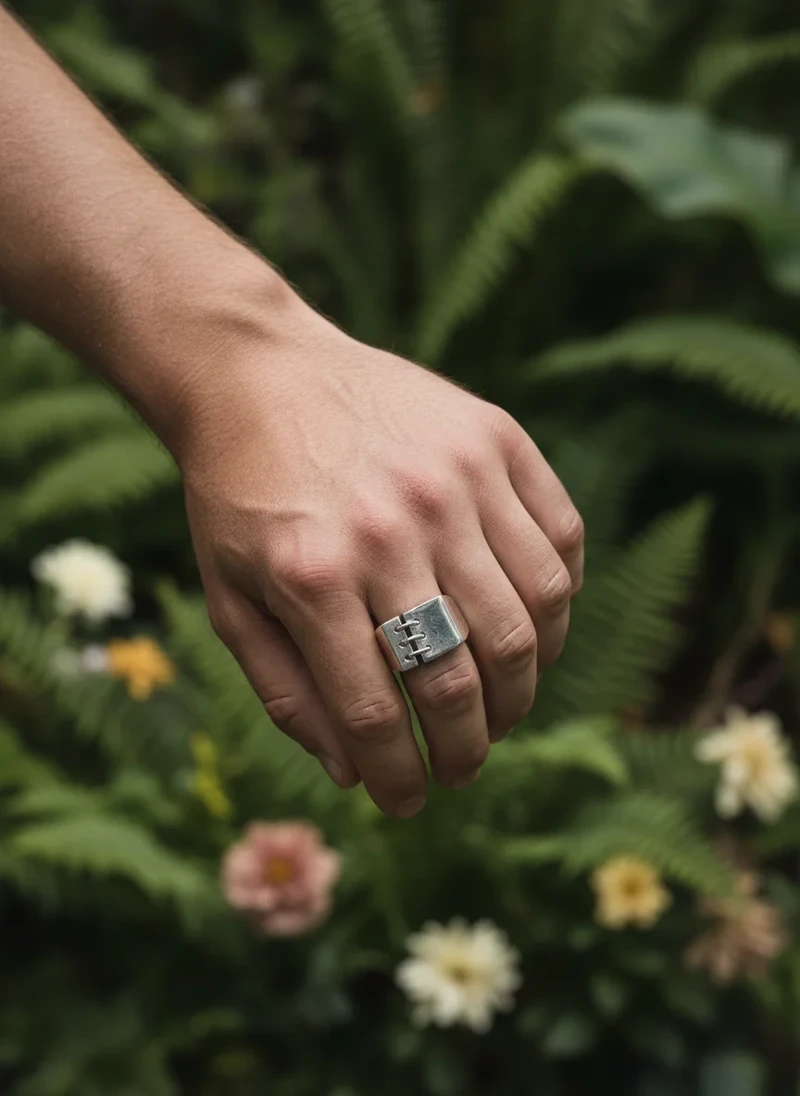 Silver square ring with stitched detail on a hand.