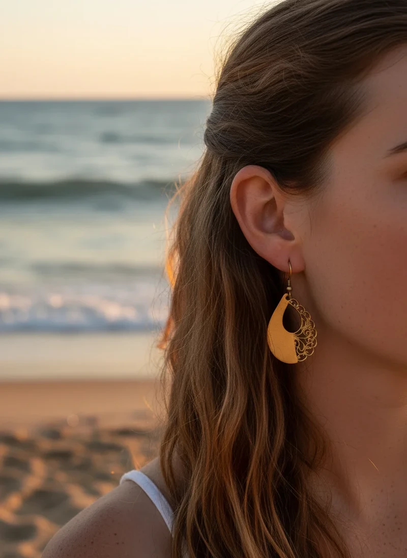Gold teardrop earrings with floral detail.