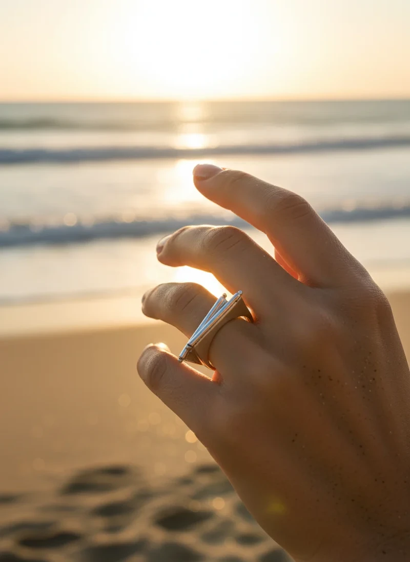 Hand model wearing modern geometric silver ring at sunset beach.