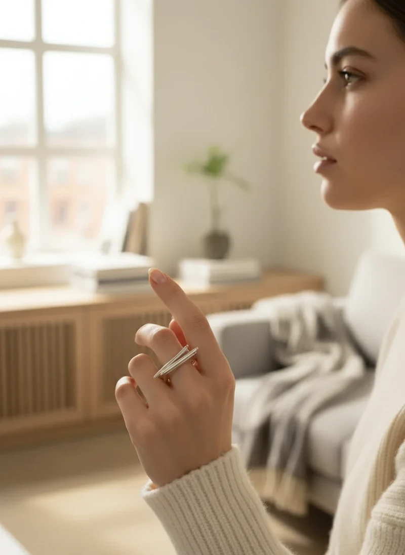 Silver geometric statement ring.