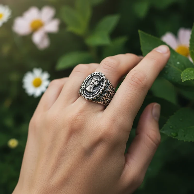Silver ring with woman's profile cameo.
