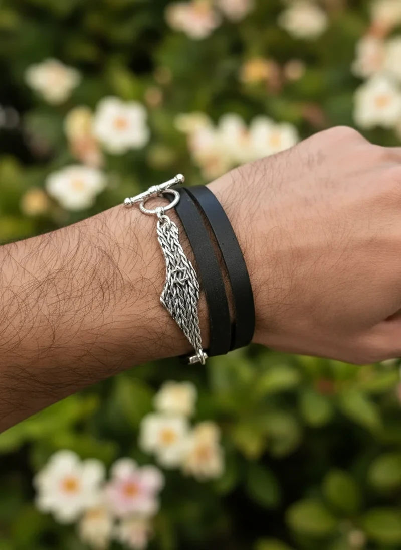 Men's silver braided leather wrap bracelet.