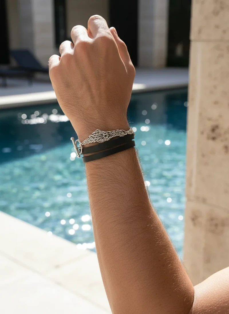 Men's black leather & silver bracelet.