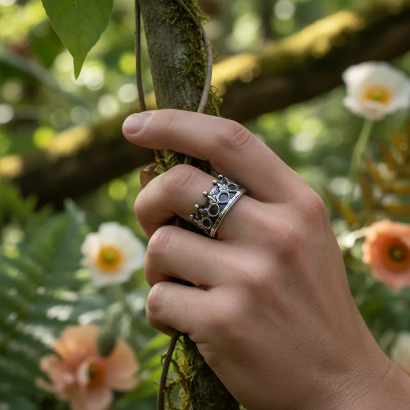 Silver crown ring on hand.