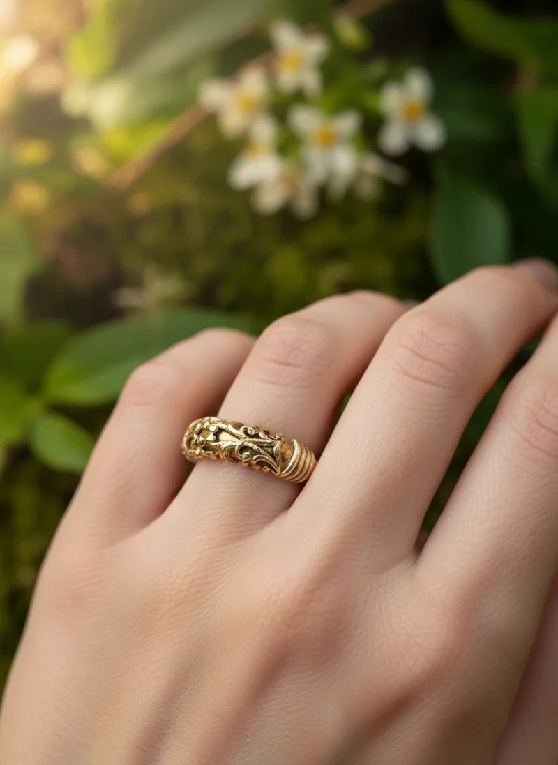 Ornate gold band ring on hand.