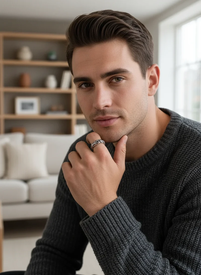 Man wearing silver patterned ring.