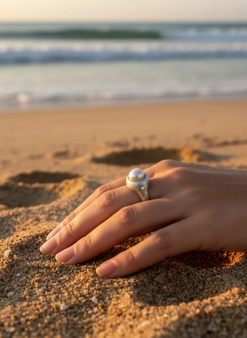 Silver pearl ring on hand in sand.