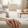 Woman's hand with silver ring on beige sofa.