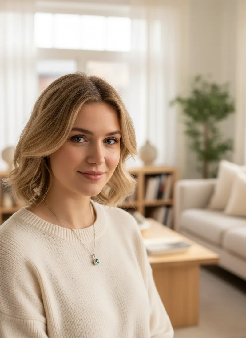 Smiling woman wearing a delicate necklace.