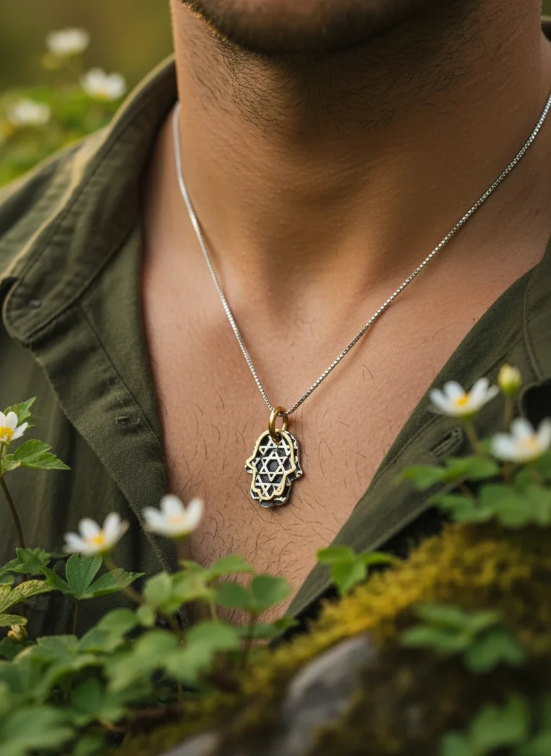 Men's Hamsa necklace with Star of David pendant.