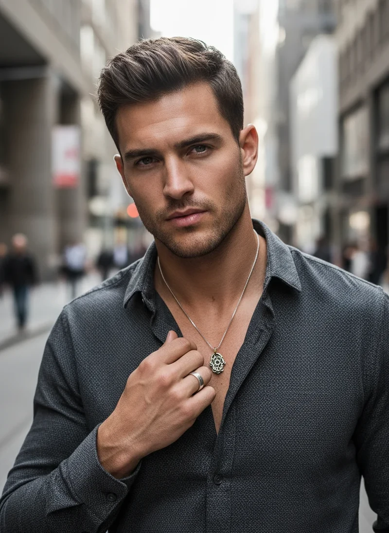 Man wearing silver Hamsa necklace and ring.