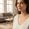 Woman wearing silver circle pendant necklace.