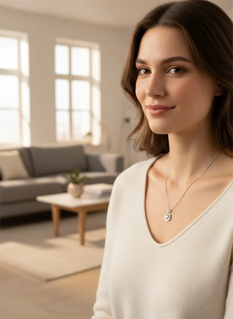 Woman wearing silver circle pendant necklace.