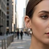 Silver floral hoop earrings on model.