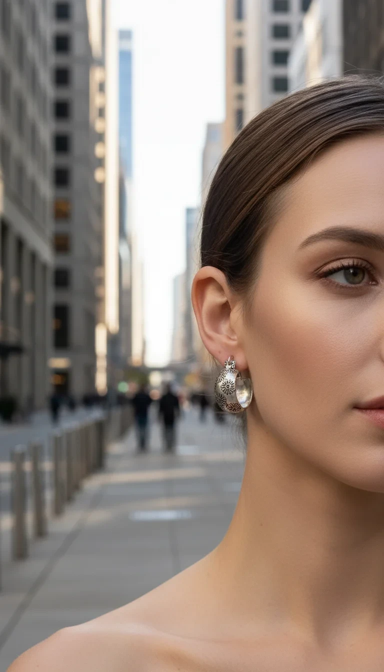 Silver floral hoop earrings on model.