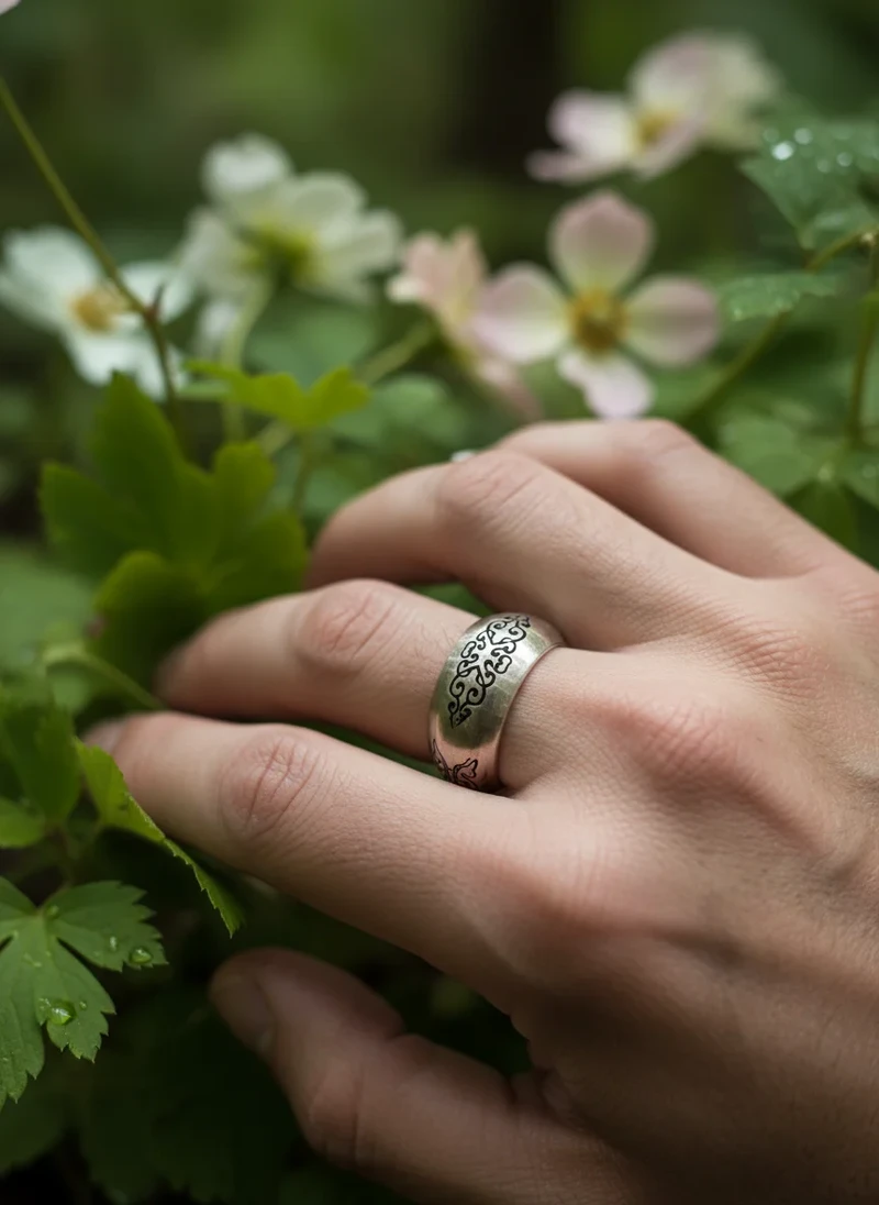 Silver ring with ornate design, worn on hand.