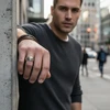 Men's silver etched band ring.