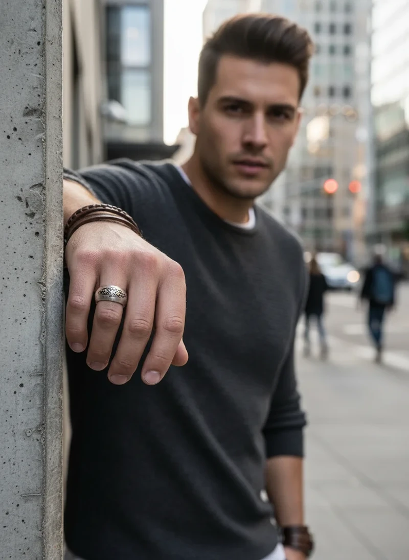 Men's silver etched band ring.