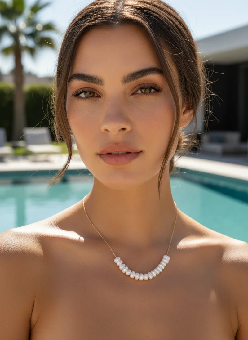 Gold pearl necklace on model by pool.