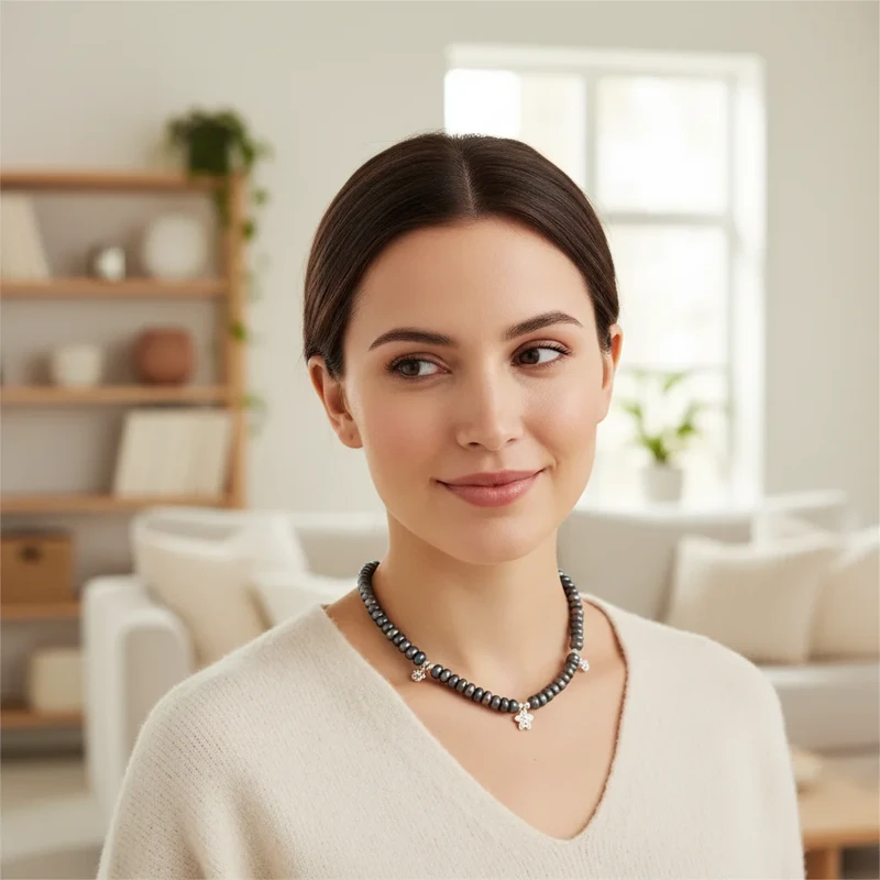 Woman wearing dark pearl necklace with silver charms.
