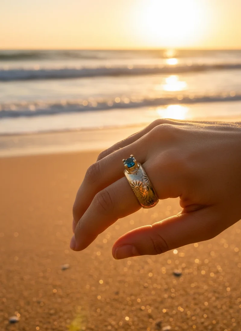 Hand model wearing gold ring with blue gemstone on beach at sunset.