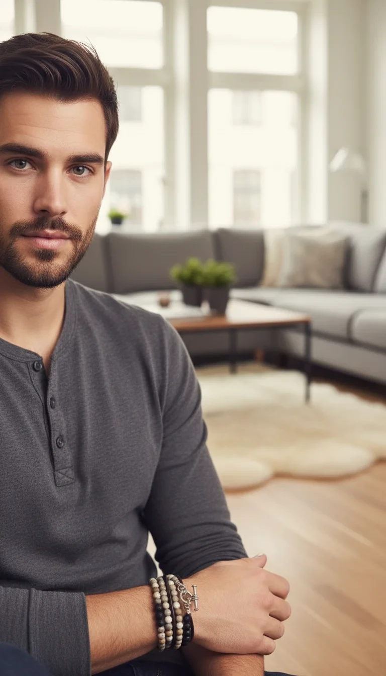 Man wearing henley shirt and beaded bracelets.