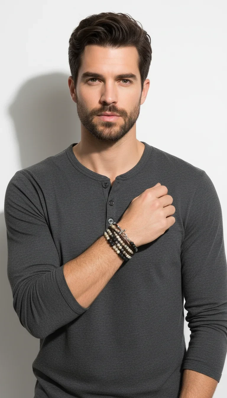 Man wearing layered beaded bracelets.