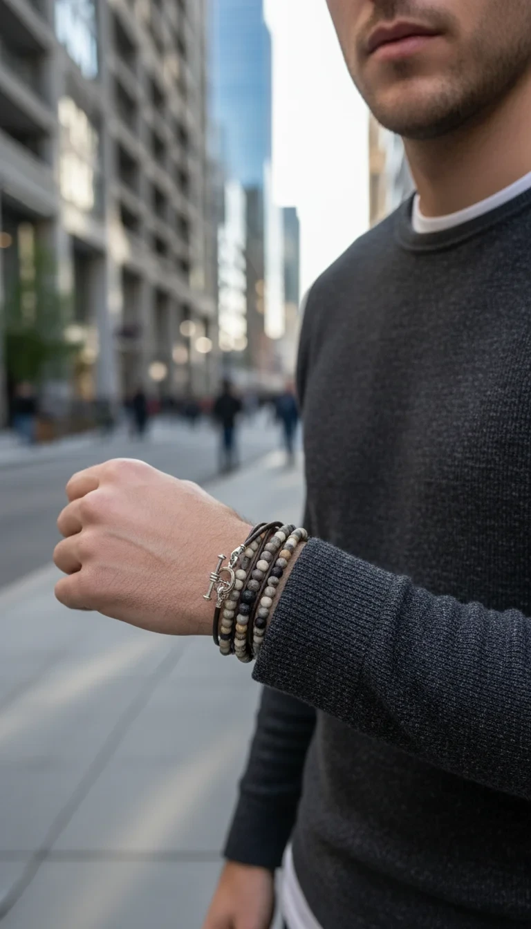 Man's wrist wearing stacked beaded bracelets and anchor charm.